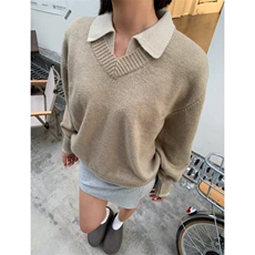 重磅北极绒假两件衬衫领毛衣美式高街复古休闲慵懒纯色翻领针织衫，男装针织衫/毛衣，电商A486