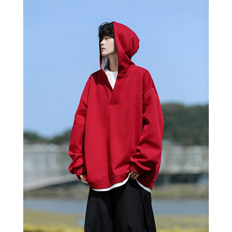 8XL-M叠穿假两件卫衣重磅连帽V领拼接套头衫宽松大码外套WY006P65，男装卫衣，电商B312