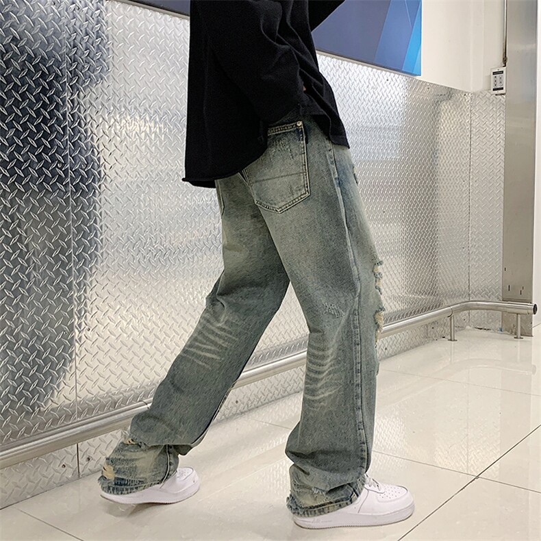 破洞牛仔裤男美式复古直筒乞丐裤夏季ins潮牌阔腿裤K3875-P38,男装牛仔裤,星座512-3