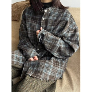 春季新款复古百搭慵懒小众格子立领长袖衬衫男女款 C341图片