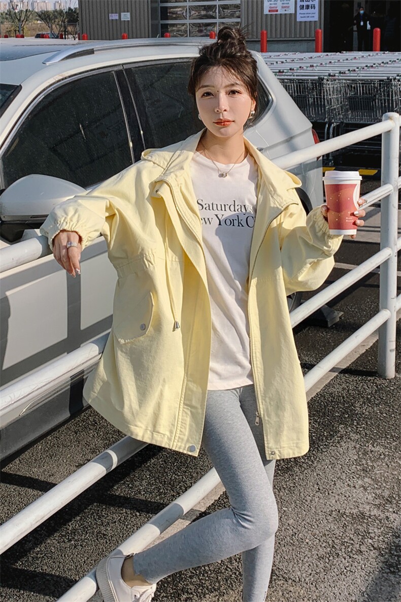 奶油黄色工装风衣外套女春秋季宽松大码流行高级感小个子减龄大衣,女装风衣,靓星雨