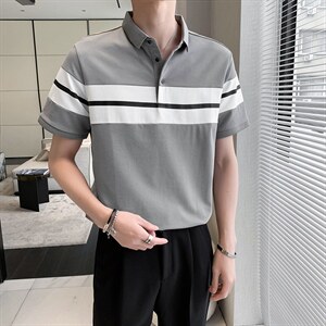 轻熟风条纹拼色简约韩版短袖tee青年Polo衫PL15/P50特控68,男装T恤,电商A243