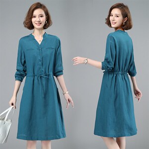 2021春季新款时尚气质小V领舒适休闲中长款连衣裙,女装连衣裙,小林双子
