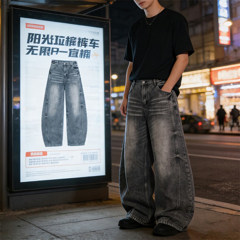 宽松直筒黑灰色牛仔裤男生长裤A140-P55,男装牛仔裤,电商D312