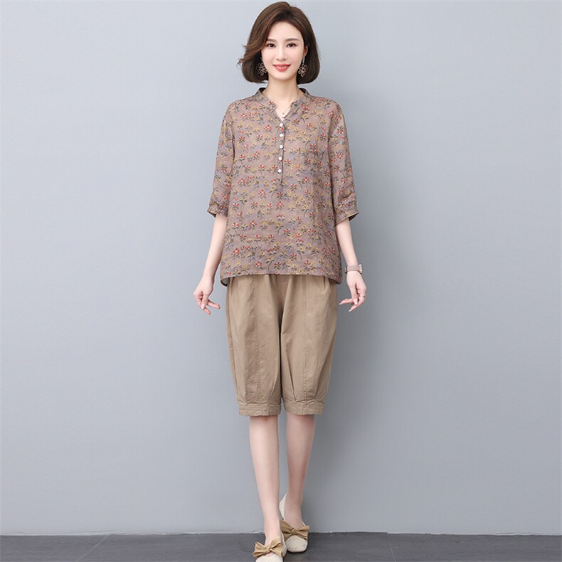 夏季纯苎麻上衣裤子两件套2022年夏季女款中年妈妈时尚套装,女装套装/套裙,忆绮罗