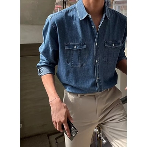 春秋季美式水洗复古牛仔衬衫男长袖宽松潮牌高街百搭衬衣CSC912图片