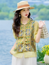 现货2026年夏季新款中老年式假两件复古短袖小衬衫马甲上衣T恤女，女装衬衫，璐依舞