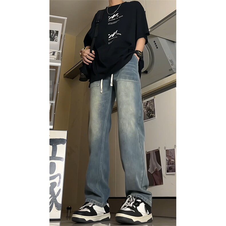 得物品质可二开宽松直筒松紧腰牛仔裤A439特P40,男装牛仔裤,电商A309