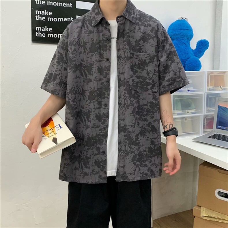 21夏季新款港风新款中性碎花衬衫宽松短袖衬衣男1008-1-C6060-p35，男装衬衫，星座1008-1