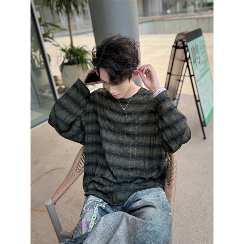 C316T9931P48初秋新款破洞长袖T恤宽松防晒军绿色条纹男，男装防晒衣，电商C316