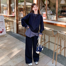 藏青色拼接卫衣套装女2025秋季新款休闲运动宽松阔腿裤穿搭两件套，女装套装/套裙，2C198