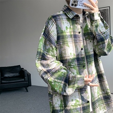 衬衫男秋冬新款港风宽松扎染格子长袖衬衣CS300-特P28，男装衬衫，星座214-3