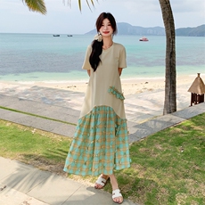 多巴胺设计感拼接连衣裙女2025夏季新款韩系慵懒风宽松减龄T恤裙，女装连衣裙，2C158