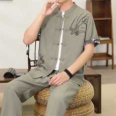 （版权注册仿款必究）夏季时尚亚麻套装男中式刺绣上衣长裤一套，男装休闲套装，星座1206（原A206）