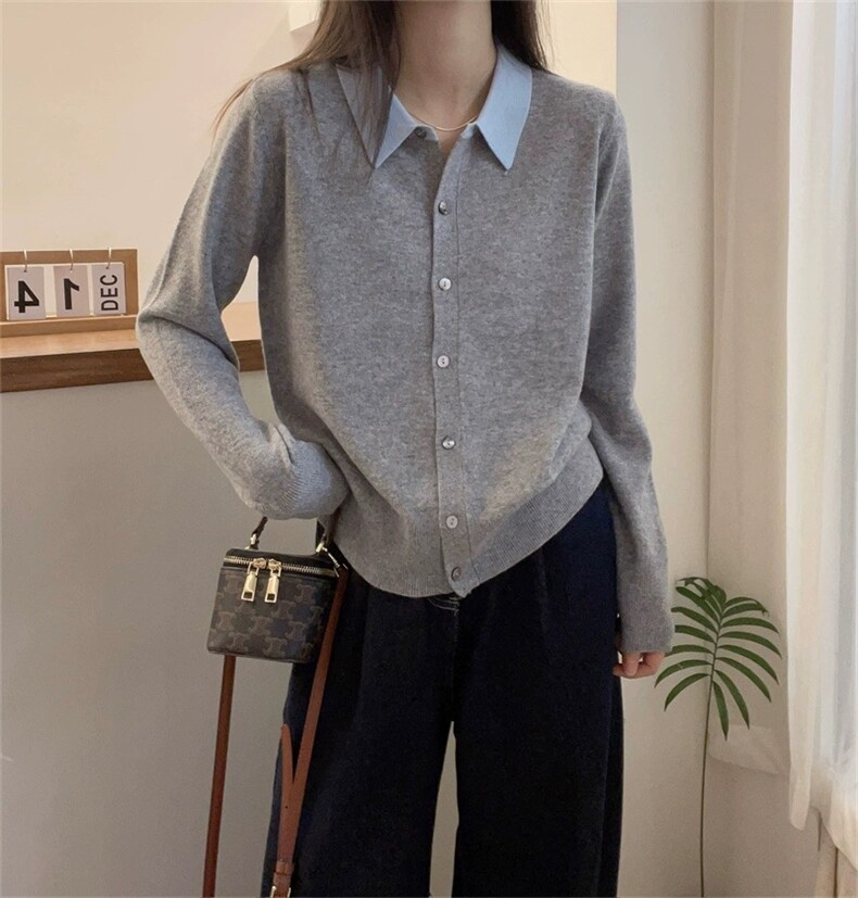 春秋撞色Polo领100%纯羊毛针织开衫女宽松衬衣毛衣羊绒衫外套上衣图片