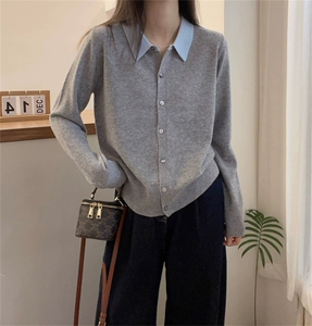 春秋撞色Polo领100%纯羊毛针织开衫女宽松衬衣毛衣羊绒衫外套上衣图片