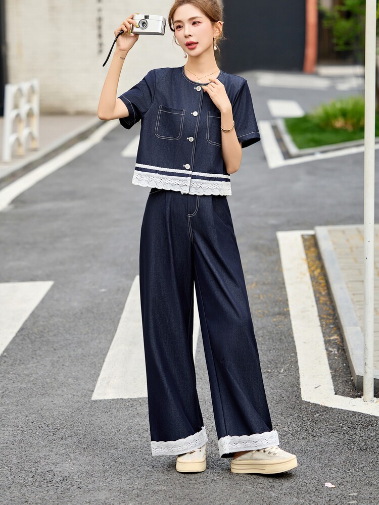 天丝牛仔蕾丝拼接套装女2025春夏新款高级感减龄休闲阔腿裤两件套,女装套装/套裙,魅影