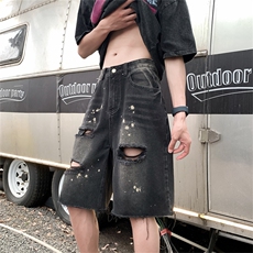 夏季新款破洞乞丐毛边泼墨直筒直筒牛仔五分短裤牛仔裤男高街美式，男装牛仔裤，星座301D-4(原星座1004-4）