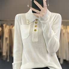 新款POLO领长袖针织打底衫女式宽松大气胸针内搭羊毛外套女，女装针织衫/毛衣，雪真羊绒