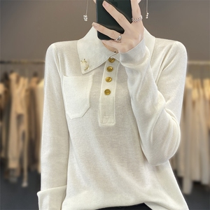 新款POLO领长袖针织打底衫女式宽松大气胸针内搭羊毛外套女图片