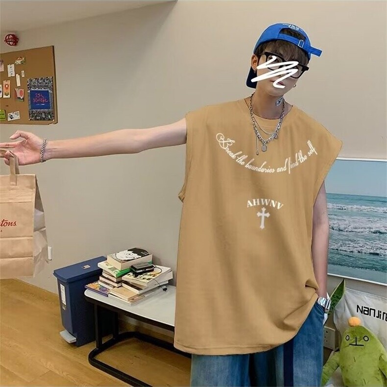 圆领夏季青少年潮美式复古哥特风印花背心纯色汗背心宽松型,男装背心/马甲,星座218-1（原230）