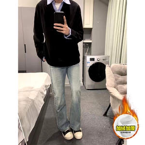 重磅加绒硬挺boxy男女美式高街假两件衬衫领长袖卫衣POLO领打底衫图片
