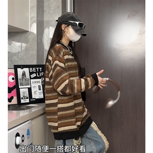 秋冬重磅卫衣民族风条纹毛呢外套日系卫衣港风大码A017 WY022 P55图片