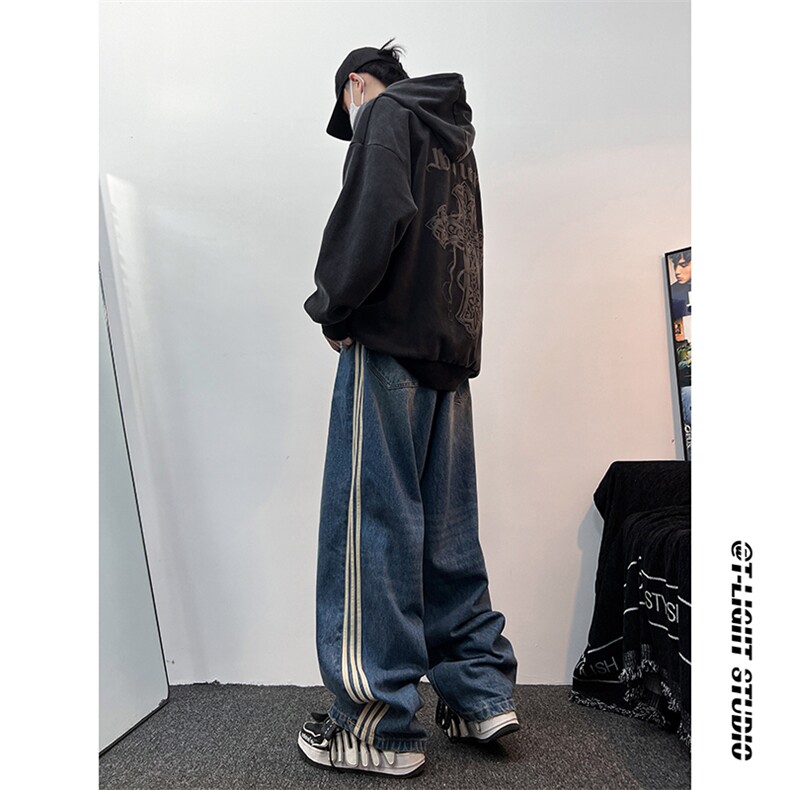 B221美式ins高街小众宽松三条杠运动牛仔裤LK23130-P60控78,男装牛仔裤,电商B221