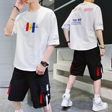 2023夏季棉质短袖t恤男潮流帅气宽松工装裤五分袖套装男F179P70，男装休闲套装，电商A086