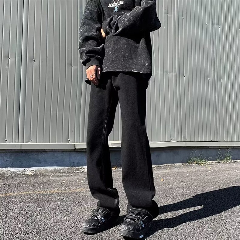 黑色牛仔裤男秋冬潮牌痞帅江浙沪穿搭裤子美式高街直筒阔腿微喇裤图片