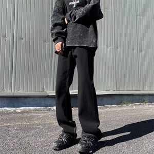 黑色牛仔裤男秋冬潮牌痞帅江浙沪穿搭裤子美式高街直筒阔腿微喇裤图片