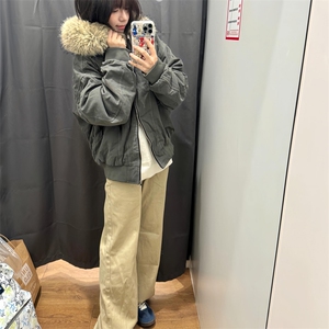 现货重磅boxy短款棉衣座山雕大毛毛领男女棉服水洗工装厚外套图片