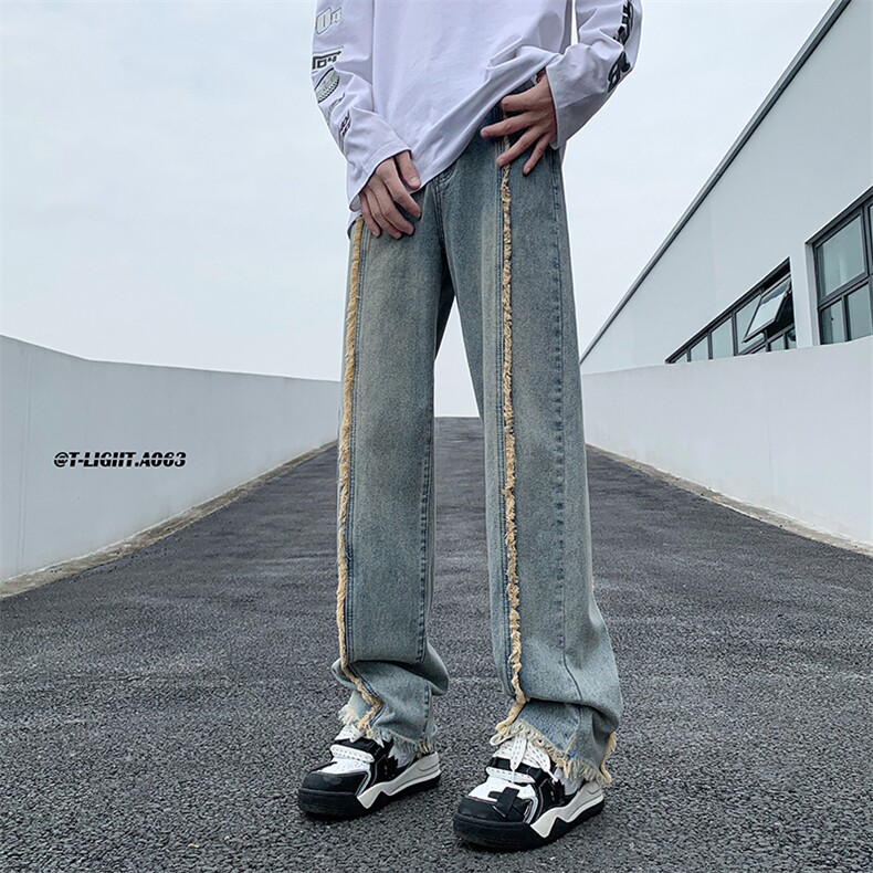 美式ins高街hiphop重工艺水洗毛边牛仔裤货号K712P65,男装牛仔裤,电商A063