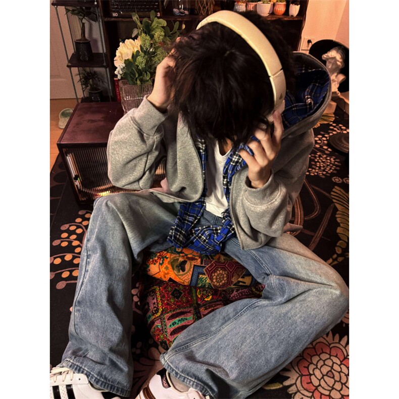 【有货】假两件格子拼接卫衣男款设计感连帽开衫外套JL97CC-特P68,女装短外套,星座1007（原301D）