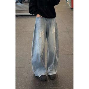 美式阔腿破洞牛仔裤男女美式高街潮牌痞帅微喇弯刀裤子L91422-P50,男装牛仔裤,星座1008