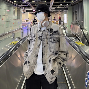 美式牛仔外套男春扎染破坏牛仔衣设计感高街夹克潮NT521P75图片