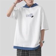 新款连帽潮牌字母印花刺绣连帽假两件ins珠地短袖ZDL3206-P56，男装T恤，星座717