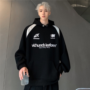 撞色运动连帽卫衣潮流美式复古春秋季情侣宽松帽衫W91-P78图片