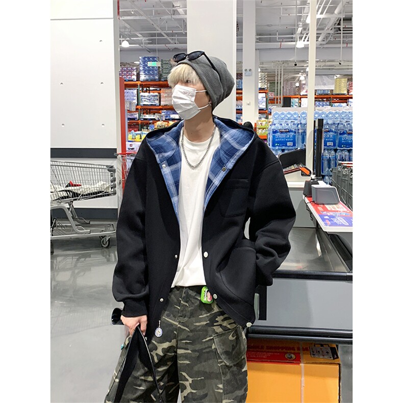420克重磅日系纯色格纹开衫男女休闲连帽卫衣外套W4687-特价P65图片
