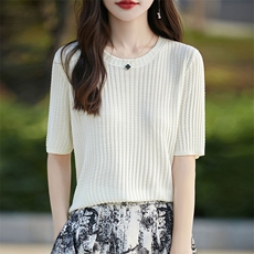 100%纯天丝短袖T恤女低圆领华夫格针织衫夏季新款显瘦气质半袖薄，女装T恤，暖烁羊绒