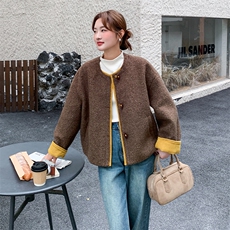 复古撞色短款羊羔毛外套2c309-2560-p185-k278，女装毛呢外套，2C309