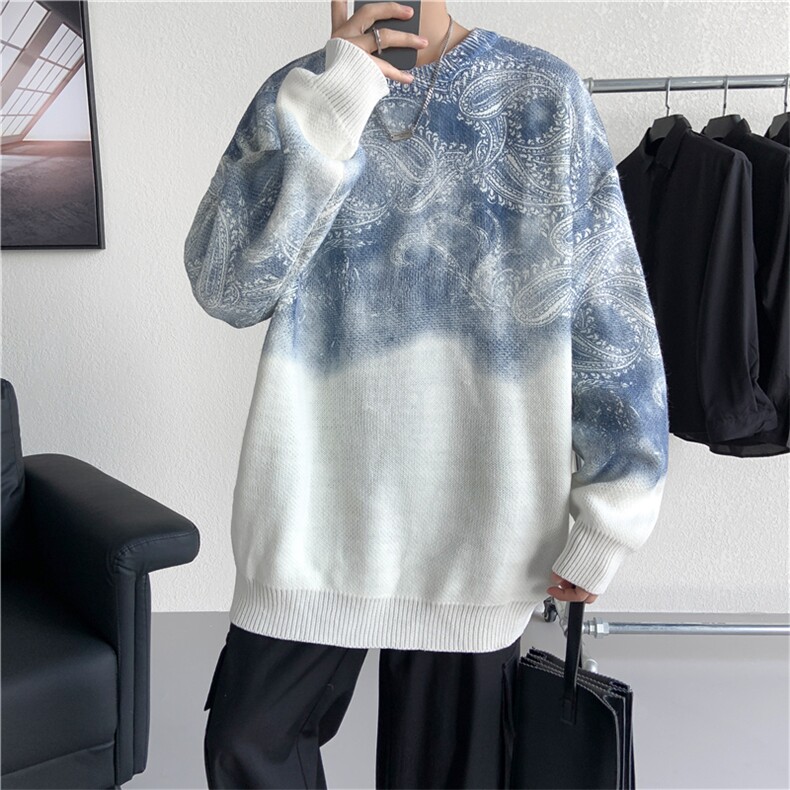 M3117/P70秋冬新款毛衣男圆领套头针织衫腰果花扎染大码上衣控98图片