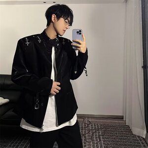 痞帅高级感黑色立领垫肩夹克上衣飞机扣设计感外套机车服 JG37图片