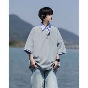 8XL-M假两件衬衫领短袖T恤大码夏季条纹拼接polo衫半袖DX1211/P45图片