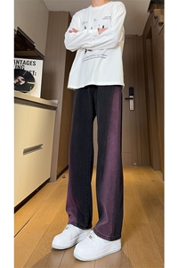 现货 黑紫色拼接宽松阔腿直筒撞色休闲牛仔裤男女 K5820-P50 控78图片