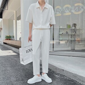 夏轻熟风设计款纹理面料褶皱宽松翻领时尚套装TZ24/P90特控145，男装休闲套装，电商A243