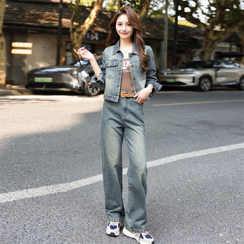 早春牛仔套装女2025新款时尚洋气减龄时髦今年流行复古长裤两件套,女装套装/套裙,意芙