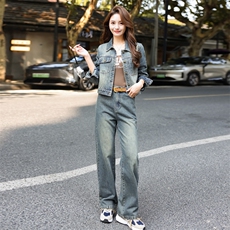 早春牛仔套装女2025新款时尚洋气减龄时髦今年流行复古长裤两件套，女装套装/套裙，意芙