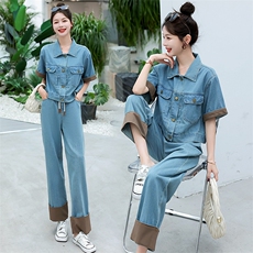 2023夏装新款洋气时尚修身松紧腰牛仔套装撞色甜酷两件套，女装套装/套裙，冬木谷雨