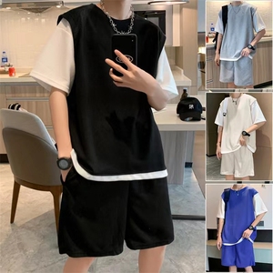 华夫格假两件套装休闲运动短袖短裤两件套潮男搭配衣服 T1321-P40图片
